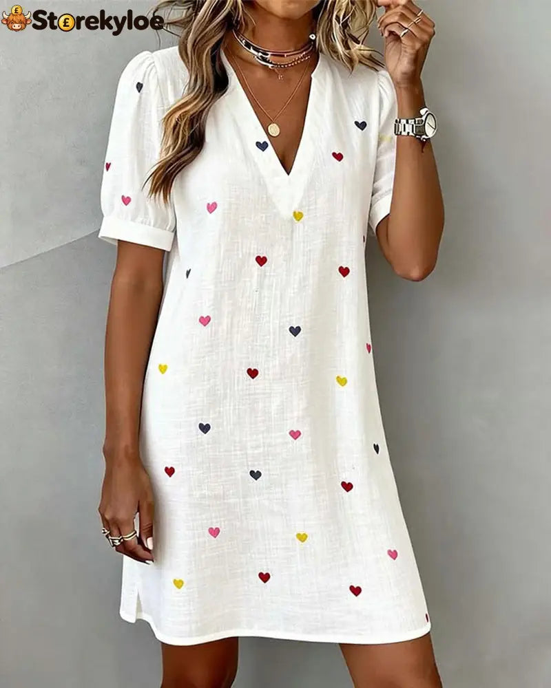 Colorful Heart Print V-Neck Dress - White / S