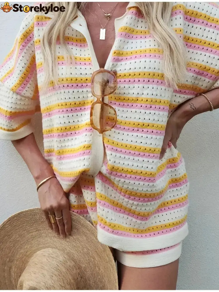Colorful Striped Button Up Top and Shorts Sweater Set