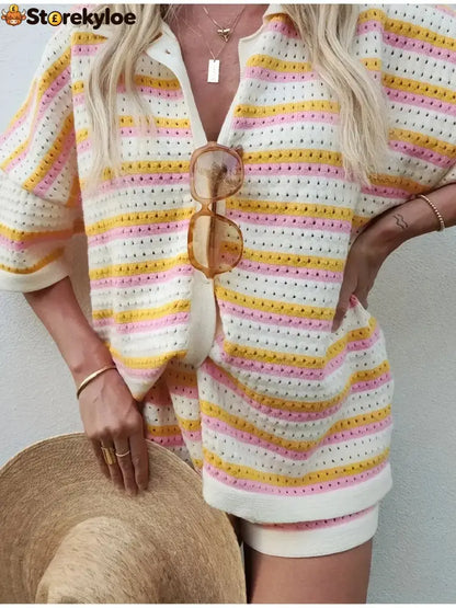 Colorful Striped Button Up Top and Shorts Sweater Set