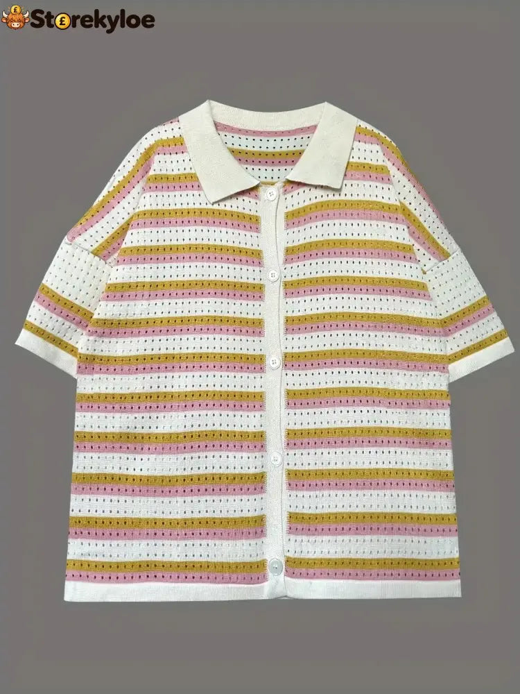 Colorful Striped Button Up Top and Shorts Sweater Set
