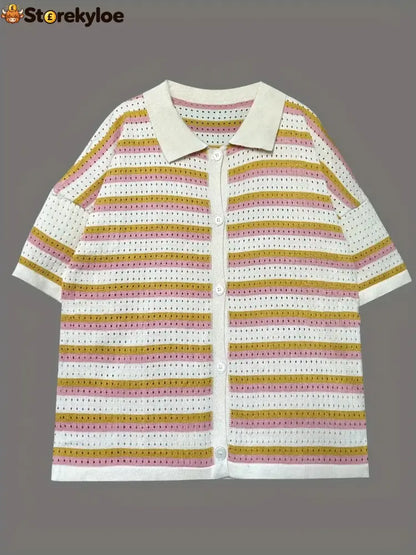 Colorful Striped Button Up Top and Shorts Sweater Set