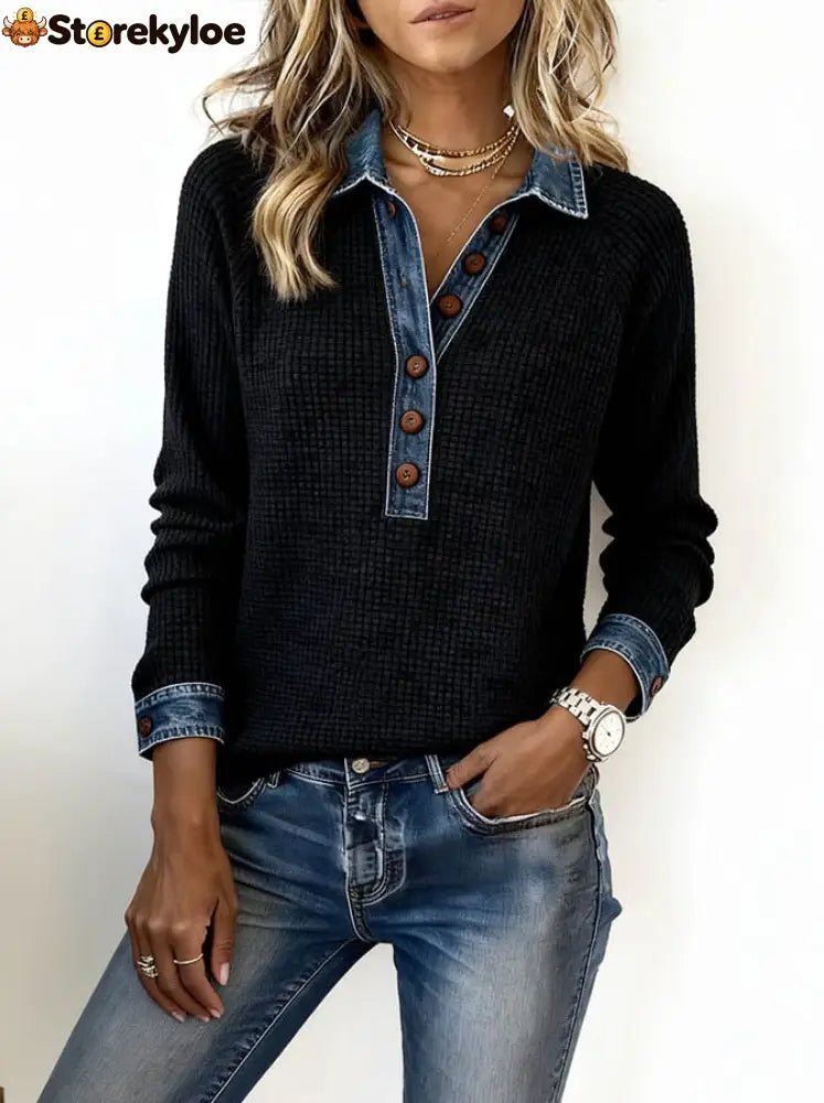 Cool Long Sleeve Denim Collar Button Front Top