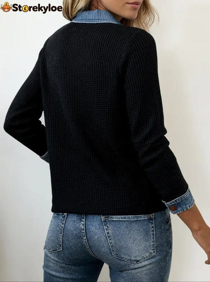 Cool Long Sleeve Denim Collar Button Front Top