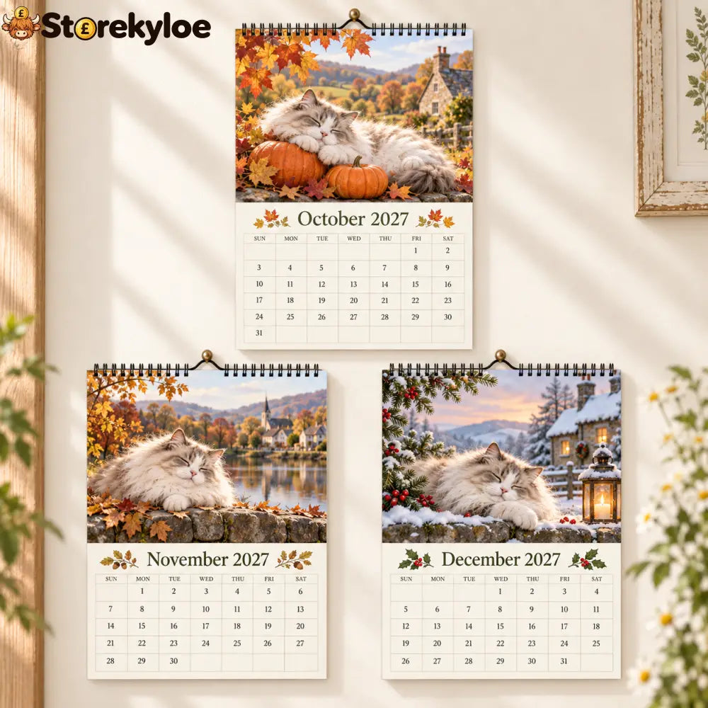 Cottage Cat 2027 Wall Calendar – 12‑Month Cosy Art Calendar with Sleepy Fluffy Cats Country Gardens & Idyllic Cottage