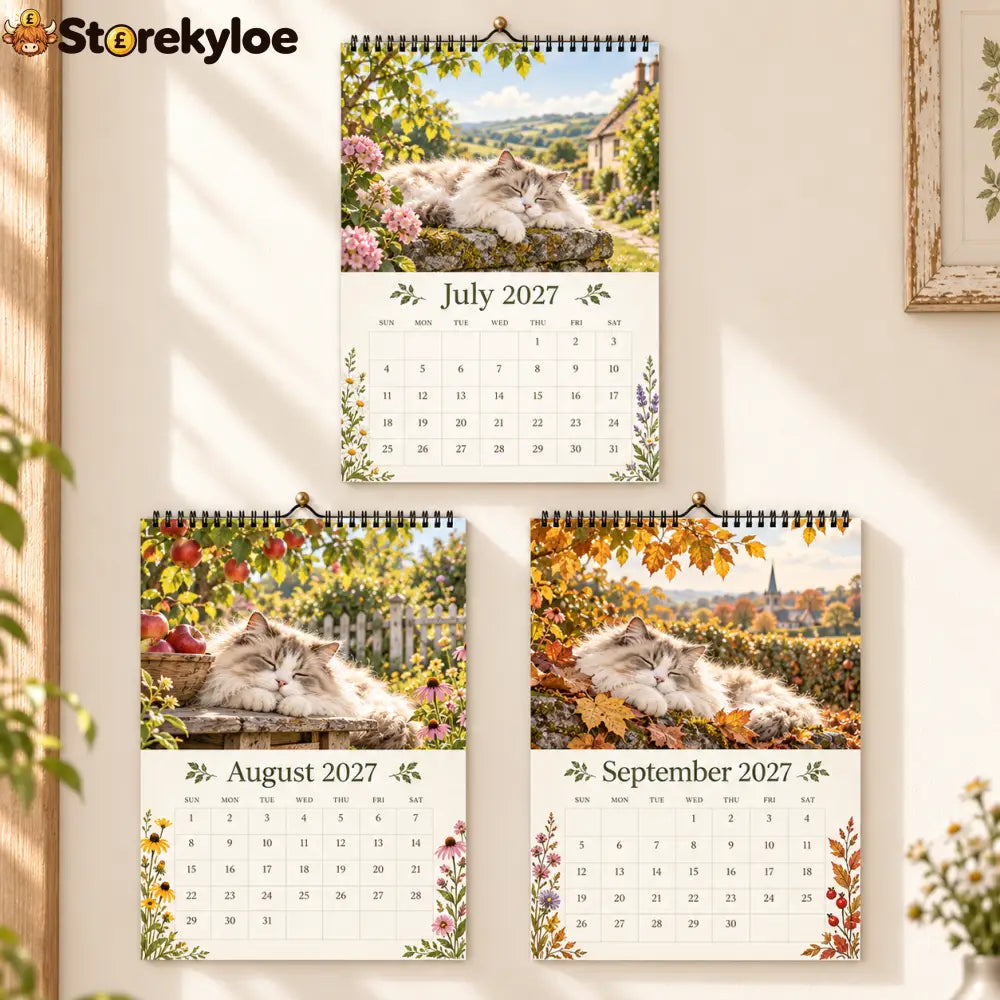Cottage Cat 2027 Wall Calendar – 12‑Month Cosy Art Calendar with Sleepy Fluffy Cats Country Gardens & Idyllic Cottage
