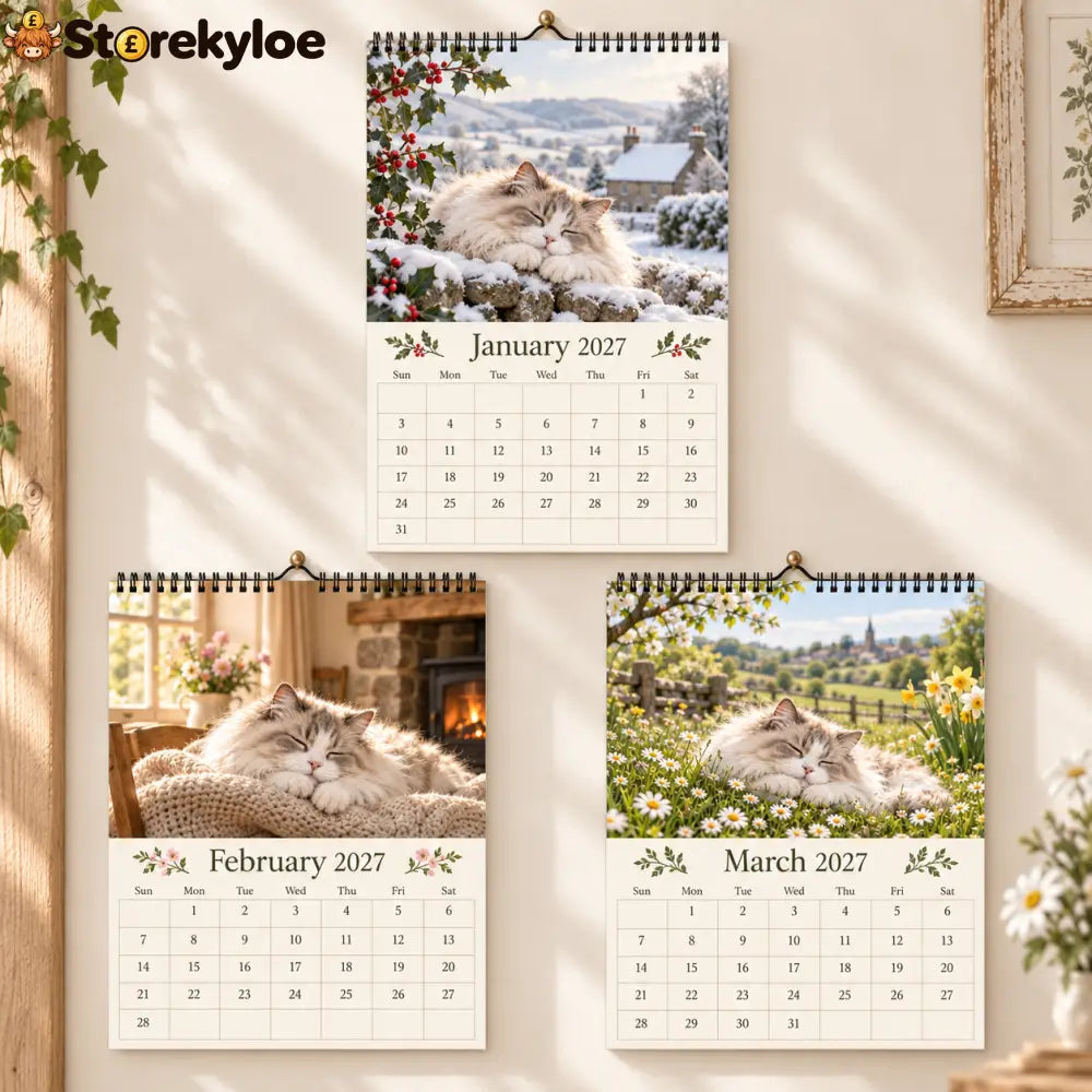 Cottage Cat 2027 Wall Calendar – 12‑Month Cosy Art Calendar with Sleepy Fluffy Cats Country Gardens & Idyllic Cottage