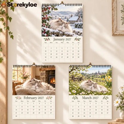 Cottage Cat 2027 Wall Calendar – 12‑Month Cosy Art Calendar with Sleepy Fluffy Cats Country Gardens & Idyllic Cottage