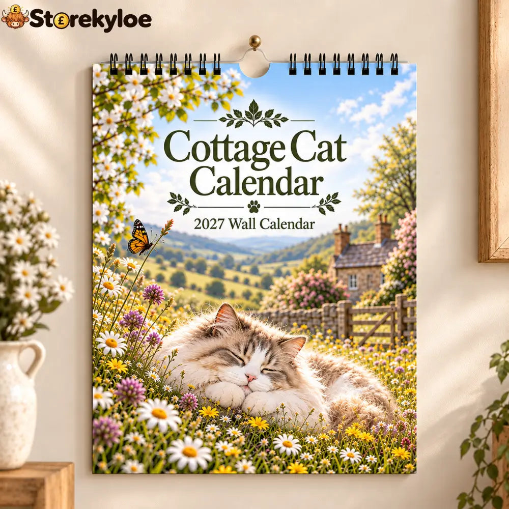 Cottage Cat 2027 Wall Calendar – 12‑Month Cosy Art Calendar with Sleepy Fluffy Cats Country Gardens & Idyllic Cottage
