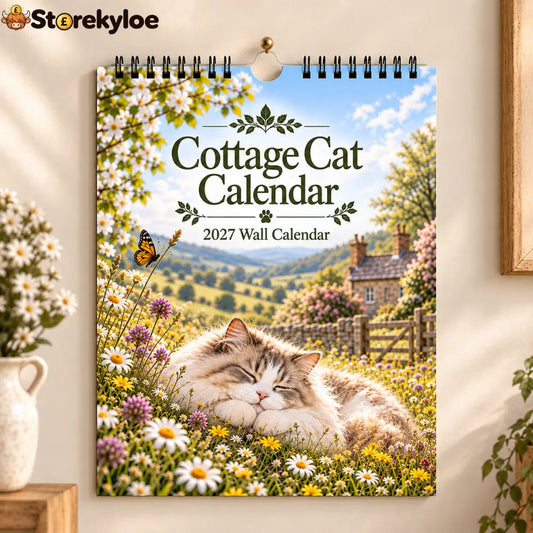 Cottage Cat 2027 Wall Calendar – 12‑Month Cosy Art Calendar with Sleepy Fluffy Cats Country Gardens & Idyllic Cottage
