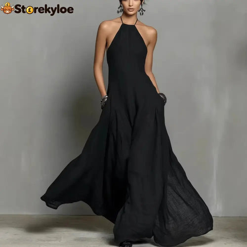 Cotton And Linen Blend Simple Backless Sleeveless Long Dress