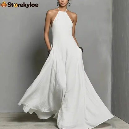Cotton And Linen Blend Simple Backless Sleeveless Long Dress