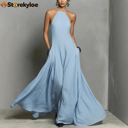 Cotton And Linen Blend Simple Backless Sleeveless Long Dress