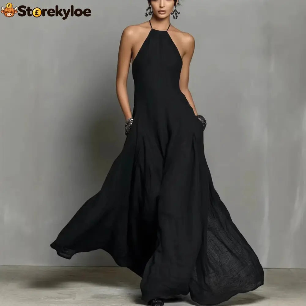 Cotton And Linen Blend Simple Backless Sleeveless Long Dress - Black / S