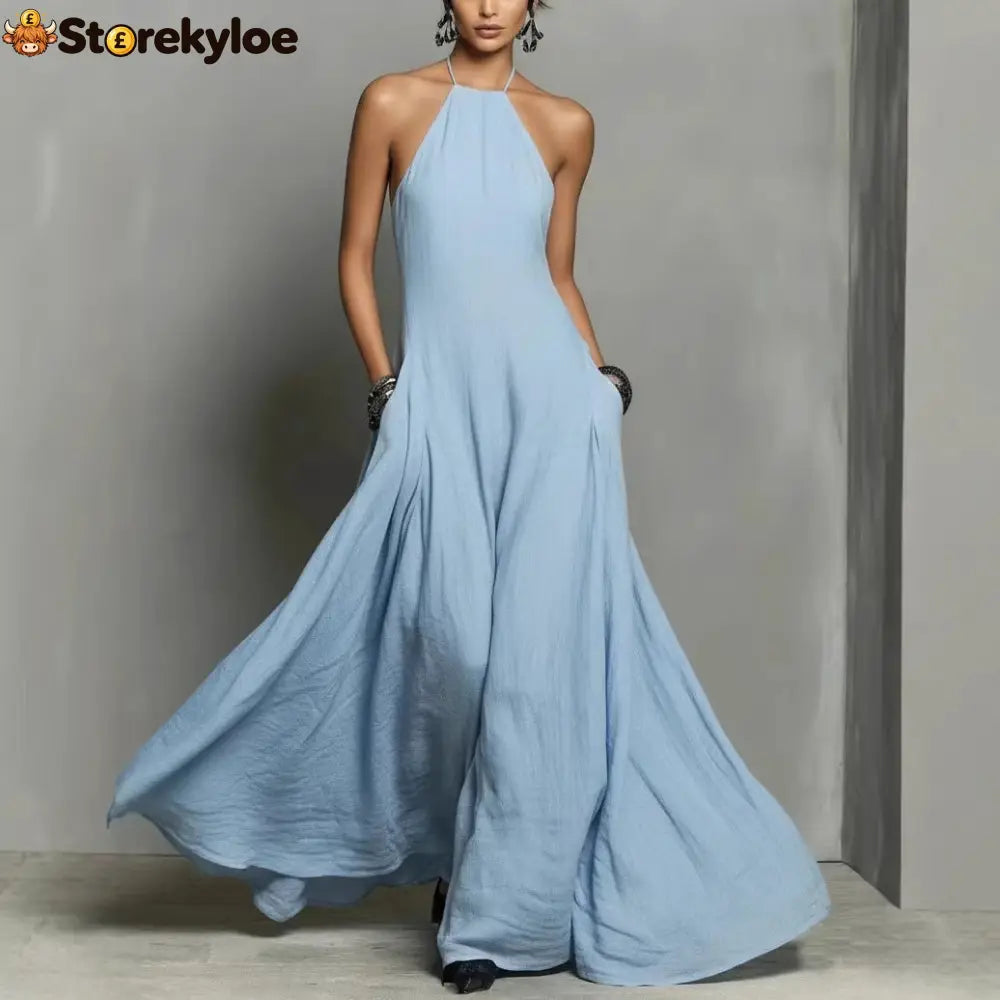 Cotton And Linen Blend Simple Backless Sleeveless Long Dress - Light blue / S