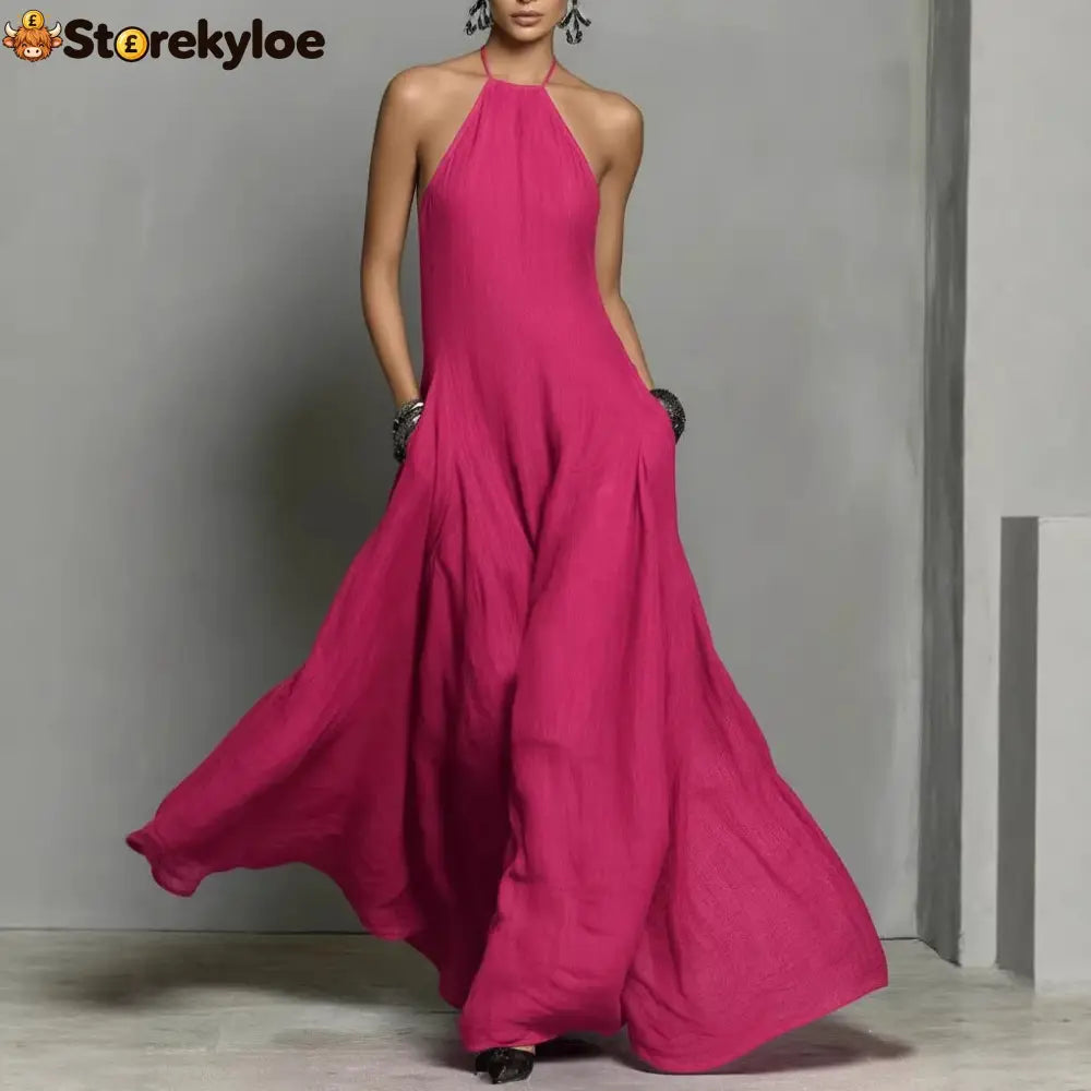 Cotton And Linen Blend Simple Backless Sleeveless Long Dress - Rose red / S