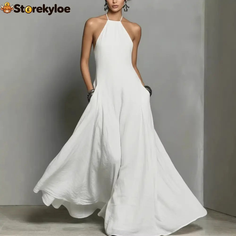 Cotton And Linen Blend Simple Backless Sleeveless Long Dress - White / S