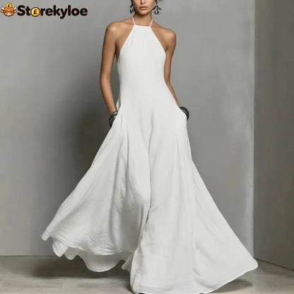 Cotton And Linen Blend Simple Backless Sleeveless Long Dress - White / S