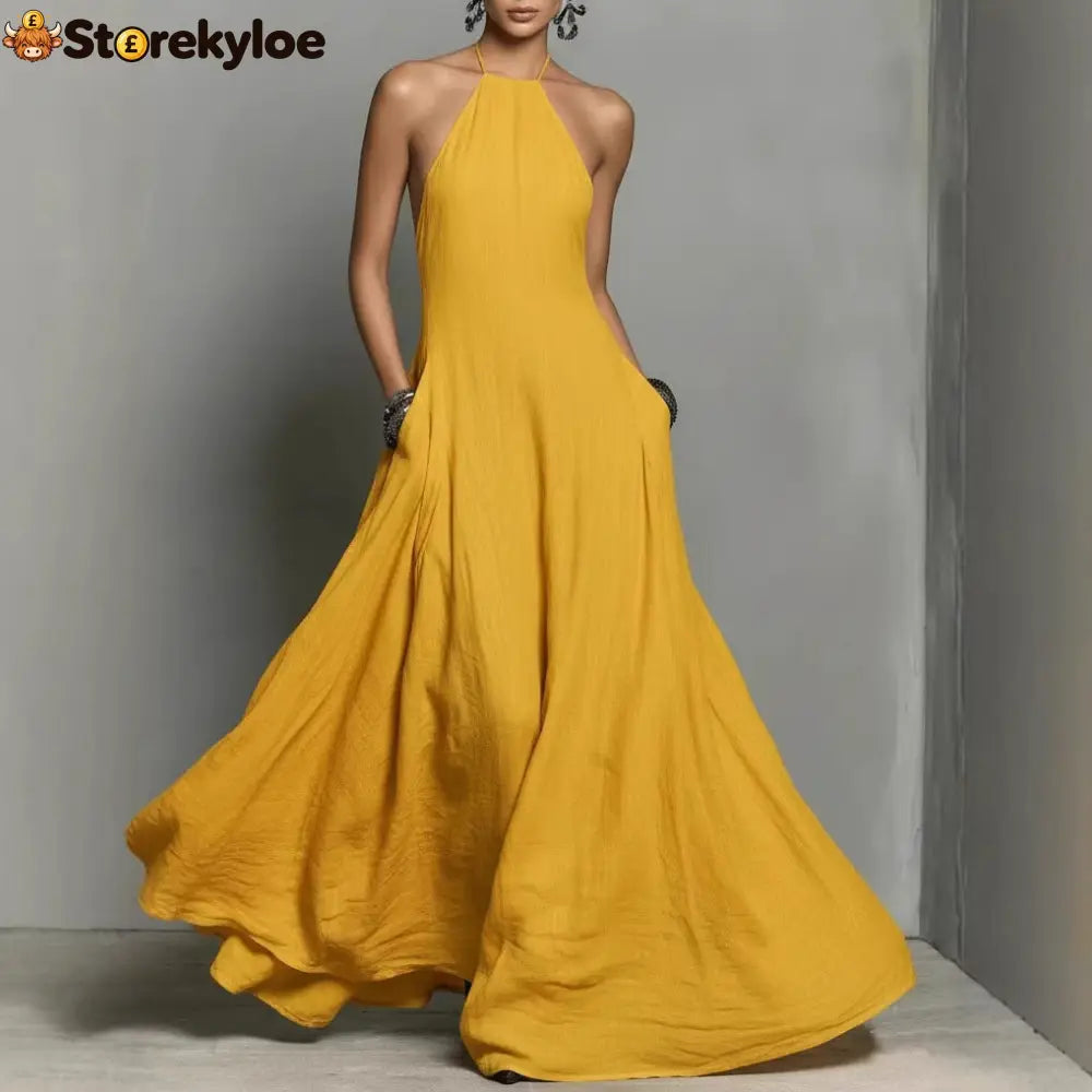 Cotton And Linen Blend Simple Backless Sleeveless Long Dress - Yellow / S