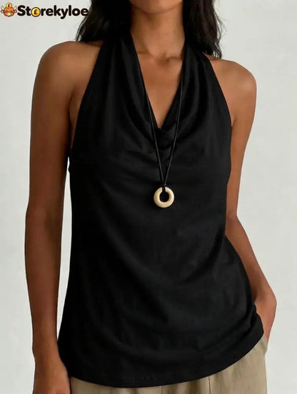 Cowl Neck Halter Top - Black / S