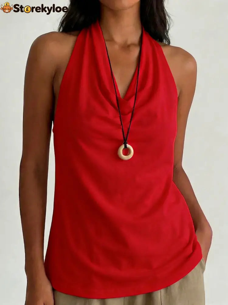 Cowl Neck Halter Top - Red / S