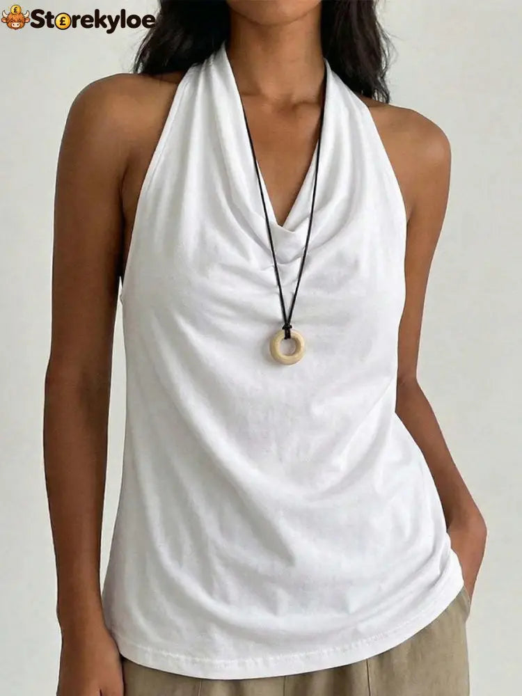 Cowl Neck Halter Top - White / S