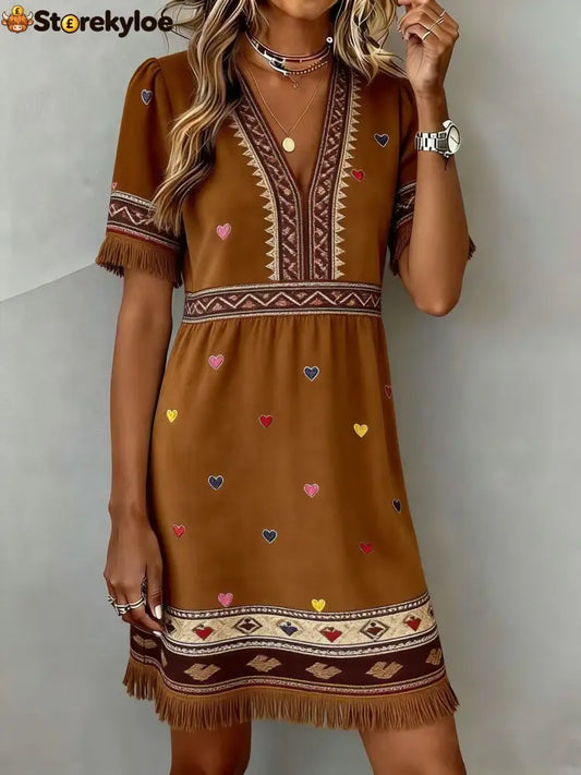 Cozy Brown Heart Print V-Neck Dress - brown / S