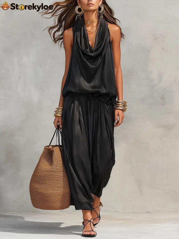 Cozy Elegant Draped Sleeveless Top And Pants Two-piece Set - Black / S