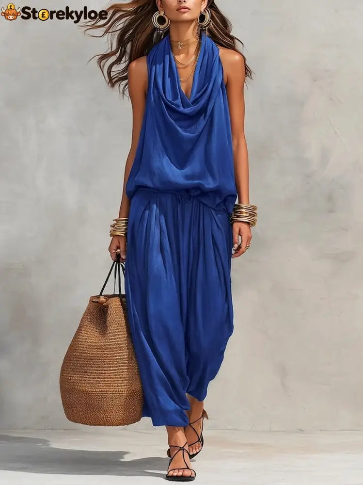 Cozy Elegant Draped Sleeveless Top And Pants Two-piece Set - Blue / S