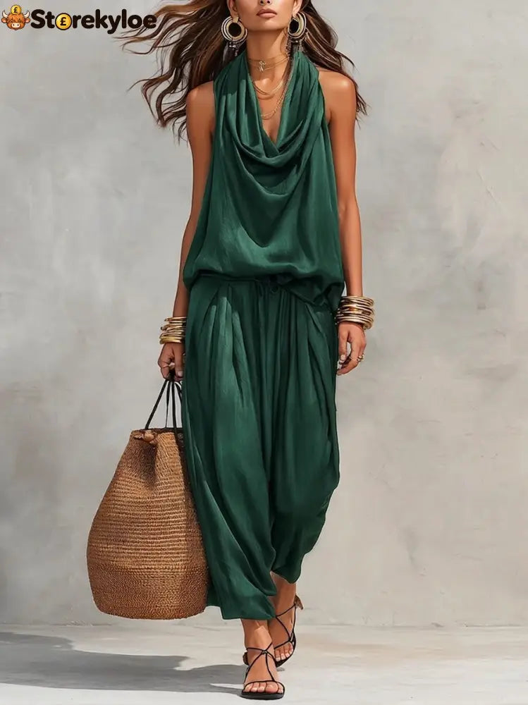 Cozy Elegant Draped Sleeveless Top And Pants Two-piece Set - Green / S