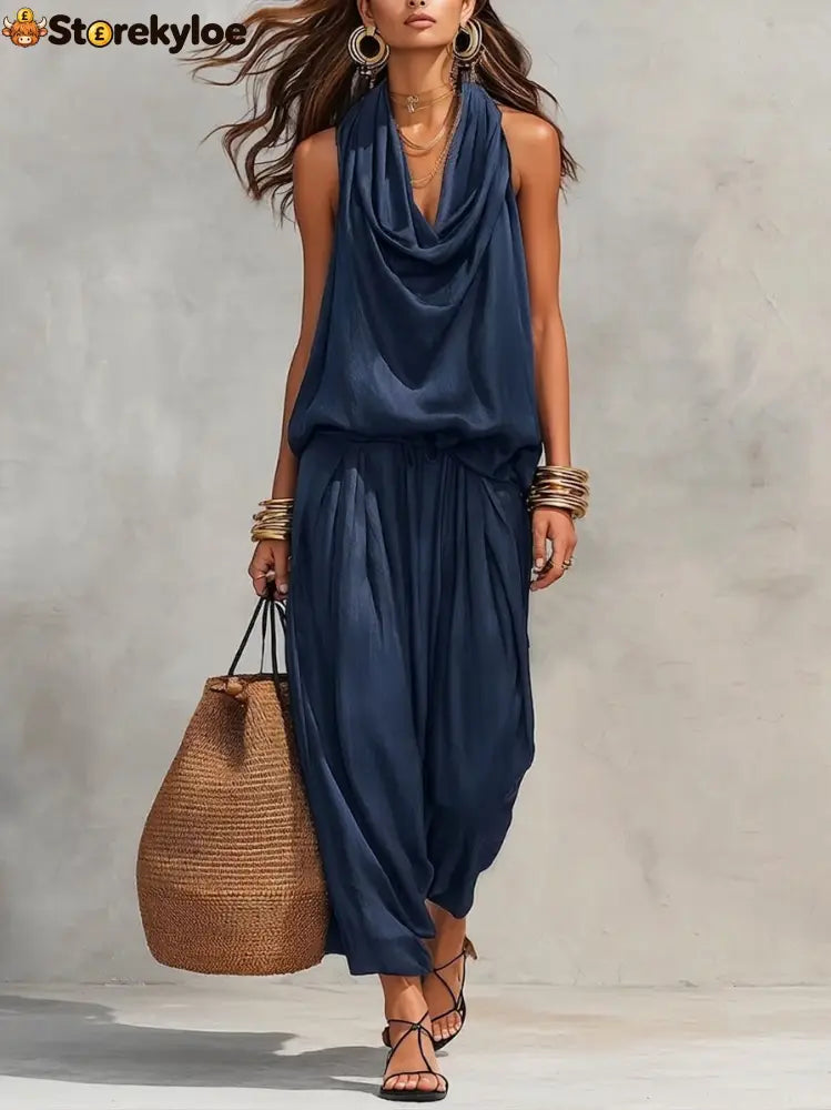 Cozy Elegant Draped Sleeveless Top And Pants Two-piece Set - Navy / S