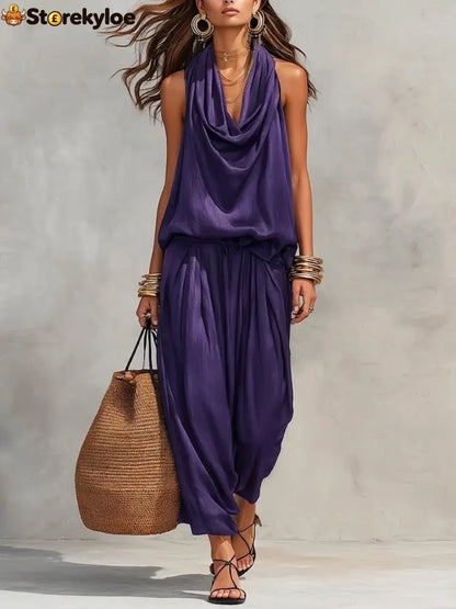Cozy Elegant Draped Sleeveless Top And Pants Two-piece Set - Purple / S