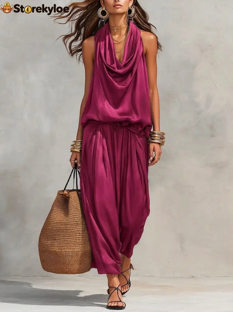 Cozy Elegant Draped Sleeveless Top And Pants Two-piece Set - RoseRed / S