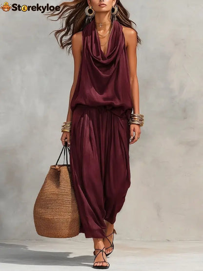 Cozy Elegant Draped Sleeveless Top And Pants Two-piece Set - Wine / S