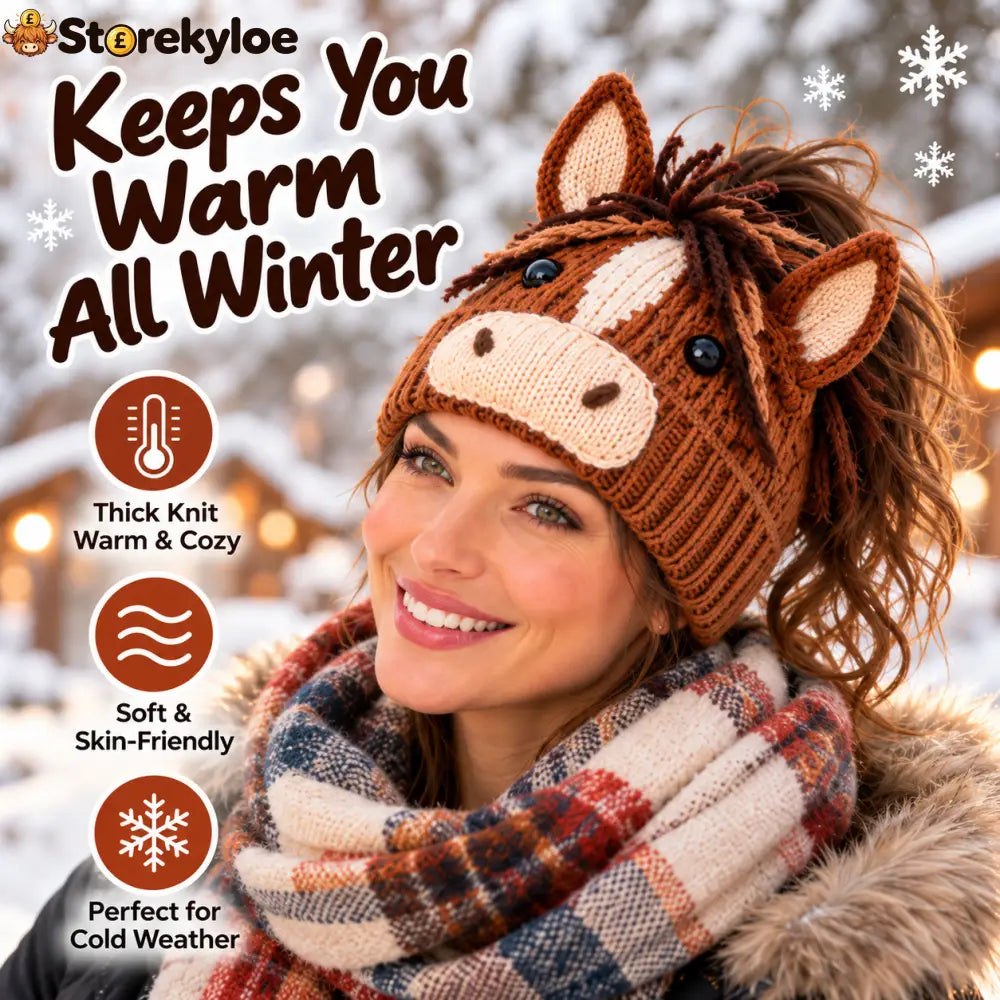 🐮🐴 Cozy Farm Friends™ – Highland Cow & Horse Ponytail Beanie | Cute Animal Knit Winter Hat for Men & Women