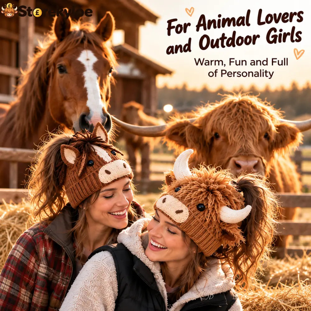 🐮🐴 Cozy Farm Friends™ – Highland Cow & Horse Ponytail Beanie | Cute Animal Knit Winter Hat for Men & Women
