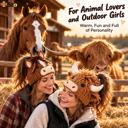 🐮🐴 Cozy Farm Friends™ – Highland Cow & Horse Ponytail Beanie | Cute Animal Knit Winter Hat for Men & Women