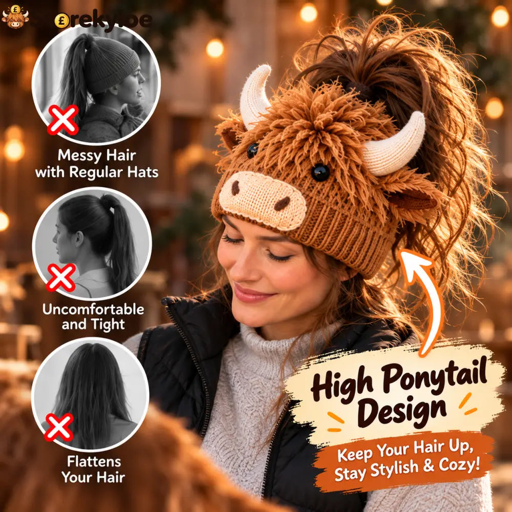 🐮🐴 Cozy Farm Friends™ – Highland Cow & Horse Ponytail Beanie | Cute Animal Knit Winter Hat for Men & Women