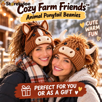 🐮🐴 Cozy Farm Friends™ – Highland Cow & Horse Ponytail Beanie | Cute Animal Knit Winter Hat for Men & Women