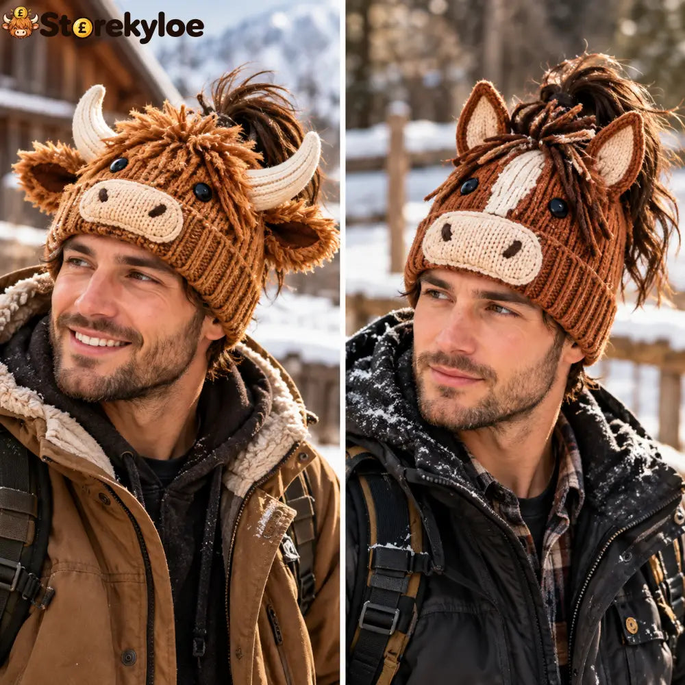 🐮🐴 Cozy Farm Friends™ – Highland Cow & Horse Ponytail Beanie | Cute Animal Knit Winter Hat for Men & Women