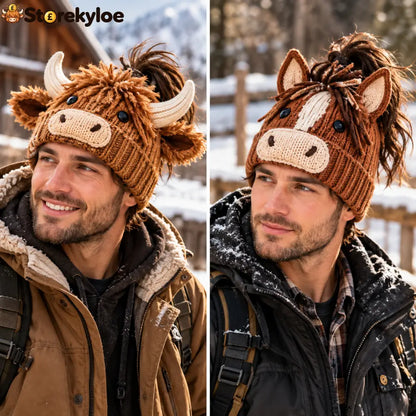 🐮🐴 Cozy Farm Friends™ – Highland Cow & Horse Ponytail Beanie | Cute Animal Knit Winter Hat for Men & Women