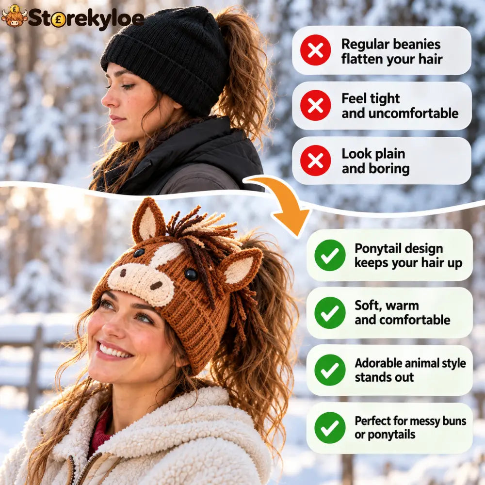 🐮🐴 Cozy Farm Friends™ – Highland Cow & Horse Ponytail Beanie | Cute Animal Knit Winter Hat for Men & Women