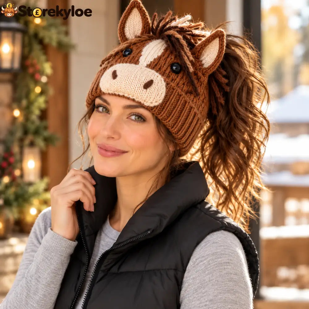 🐮🐴 Cozy Farm Friends™ – Highland Cow & Horse Ponytail Beanie | Cute Animal Knit Winter Hat for Men & Women - Horses