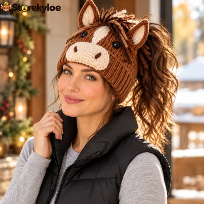 🐮🐴 Cozy Farm Friends™ – Highland Cow & Horse Ponytail Beanie | Cute Animal Knit Winter Hat for Men & Women - Horses