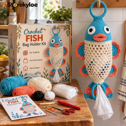 Crochet Animal Bag Holder Diy Kit – Cute & Functional Hanging Storage Craft Kit - Fish