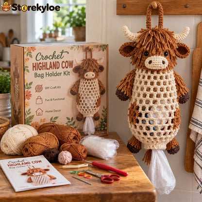 Crochet Animal Bag Holder Diy Kit – Cute & Functional Hanging Storage Craft Kit - Highland Cow