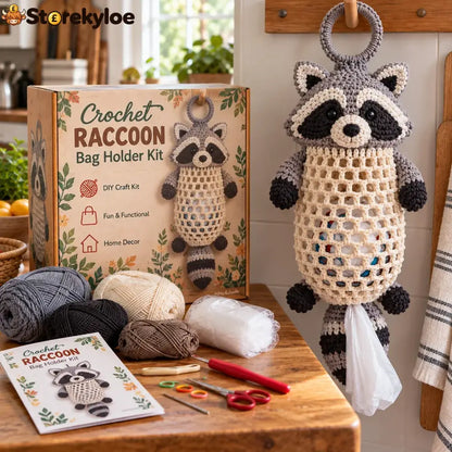 Crochet Animal Bag Holder Diy Kit – Cute & Functional Hanging Storage Craft Kit - Raccoon