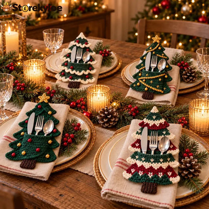 Crochet Christmas Tree Cutlery Holder Pattern Set - 4 Designs