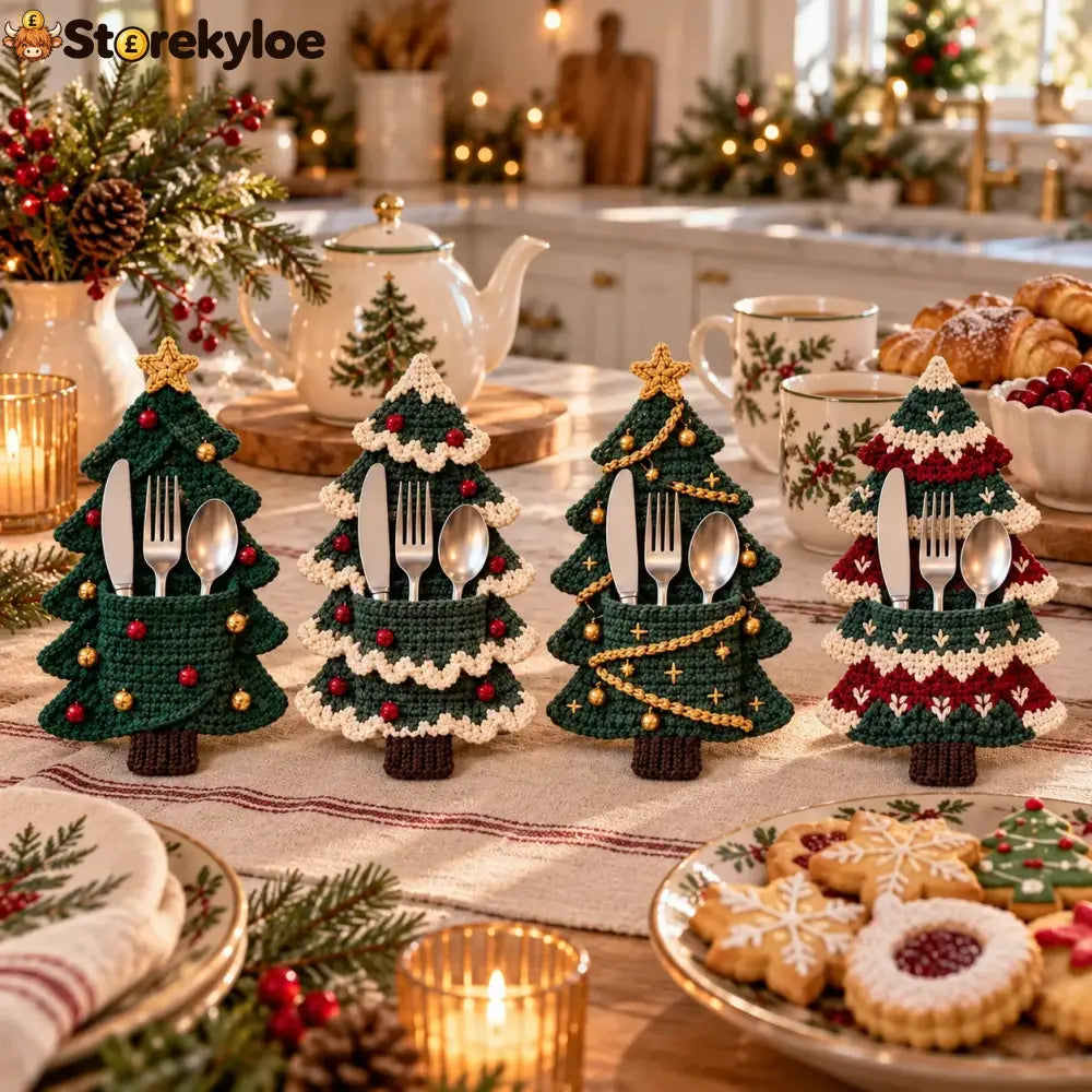 Crochet Christmas Tree Cutlery Holder Pattern Set - 4 Designs