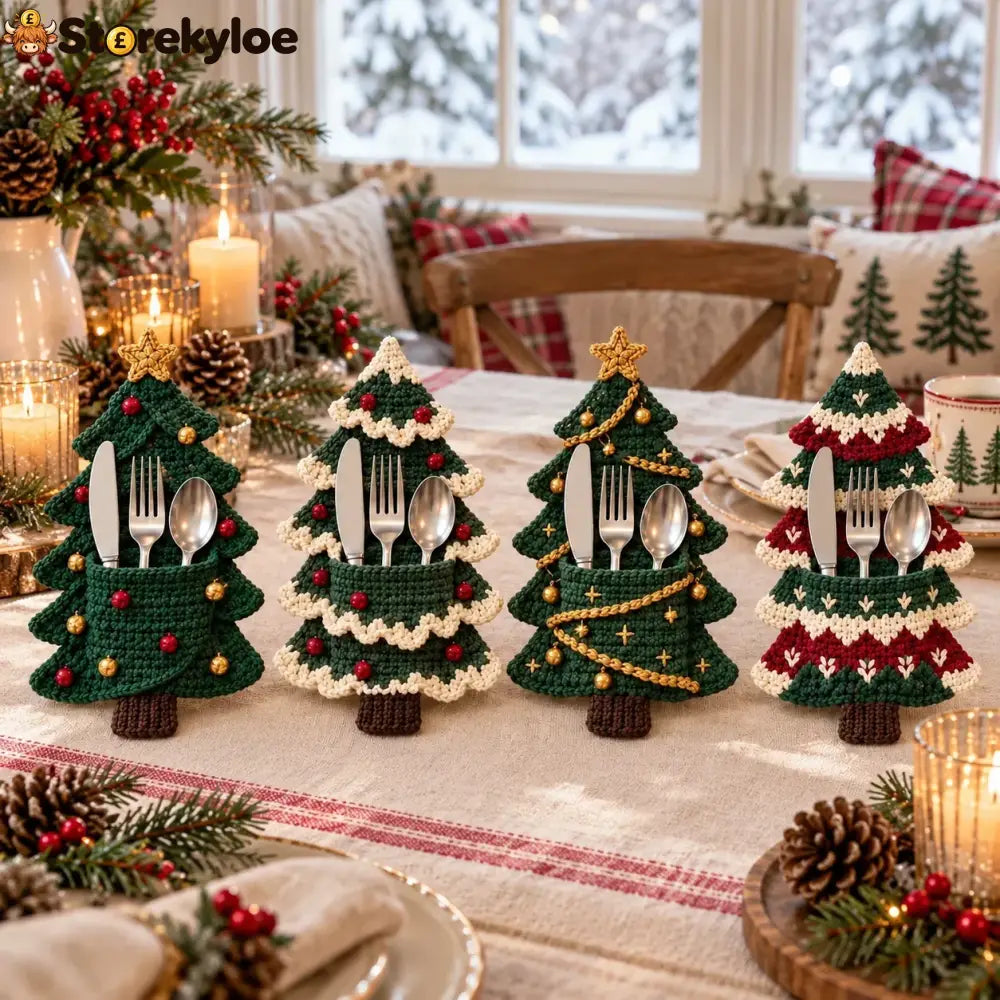 Crochet Christmas Tree Cutlery Holder Pattern Set - 4 Designs