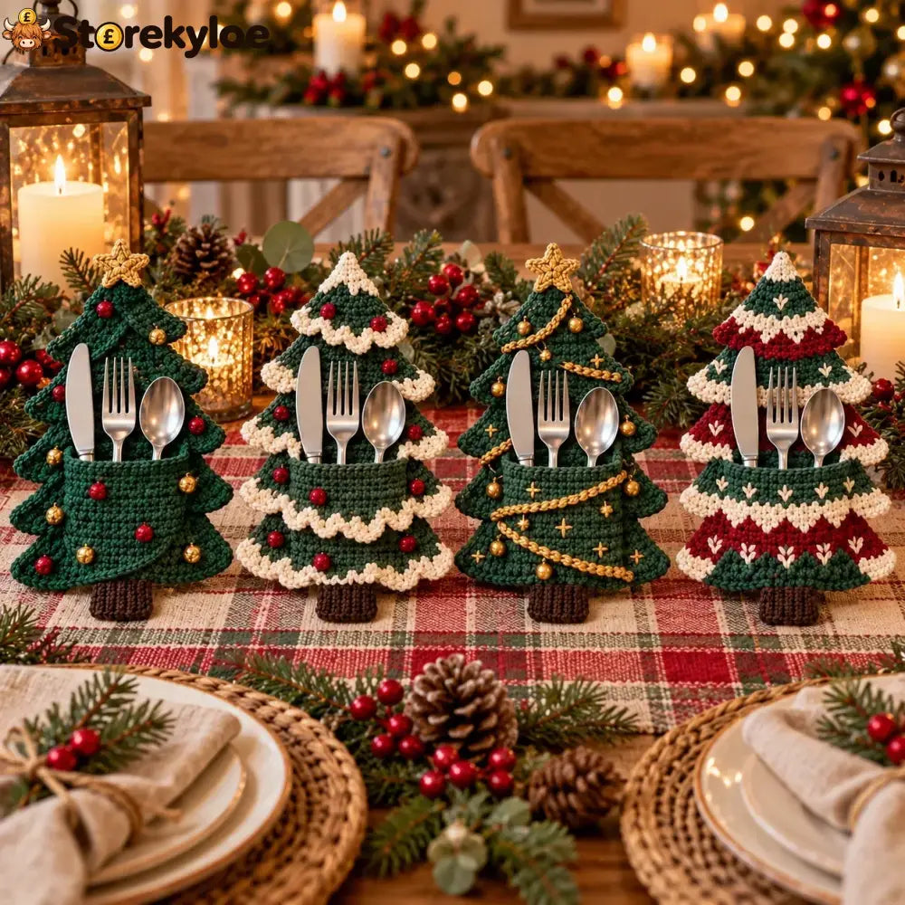 Crochet Christmas Tree Cutlery Holder Pattern Set - 4 Designs